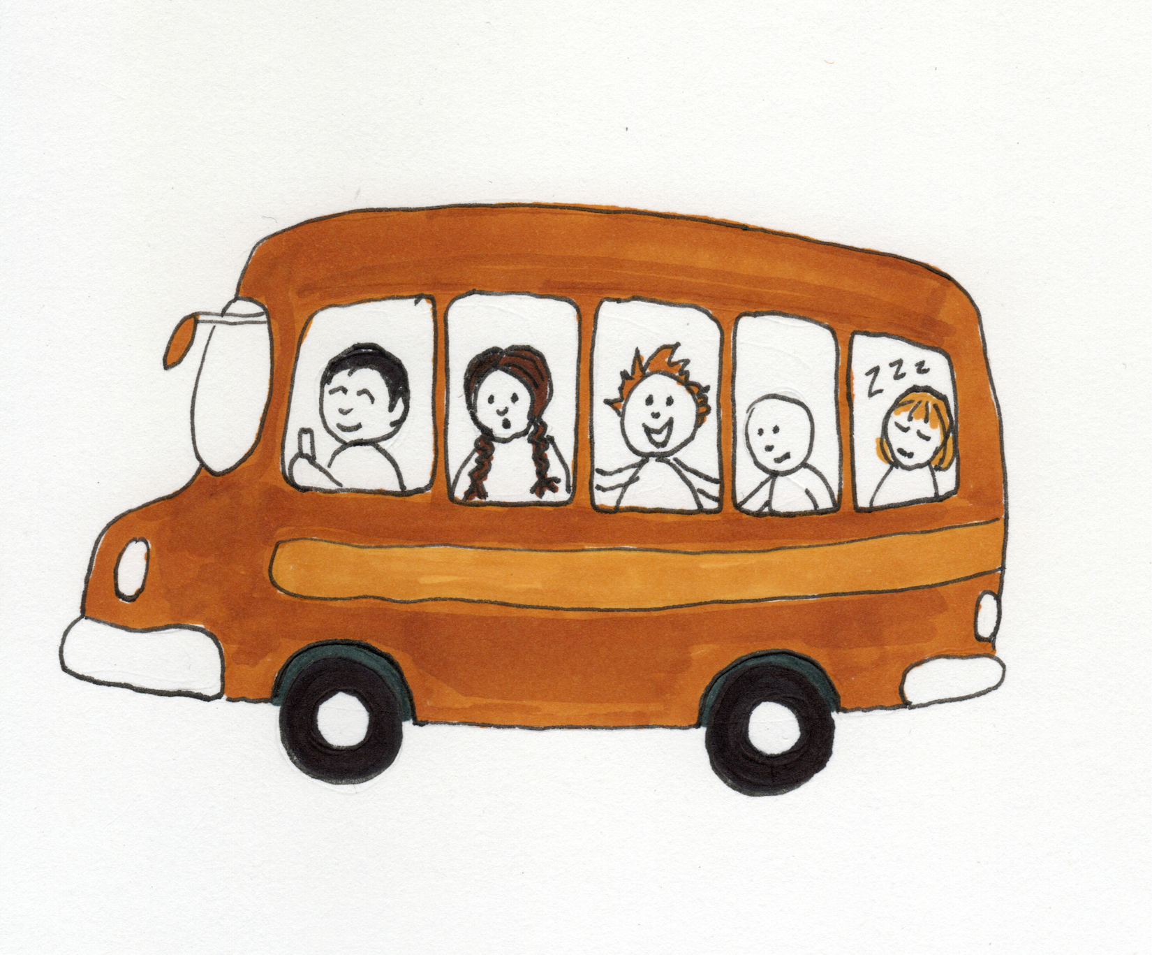 Hand drawn image of a bus with passengers.