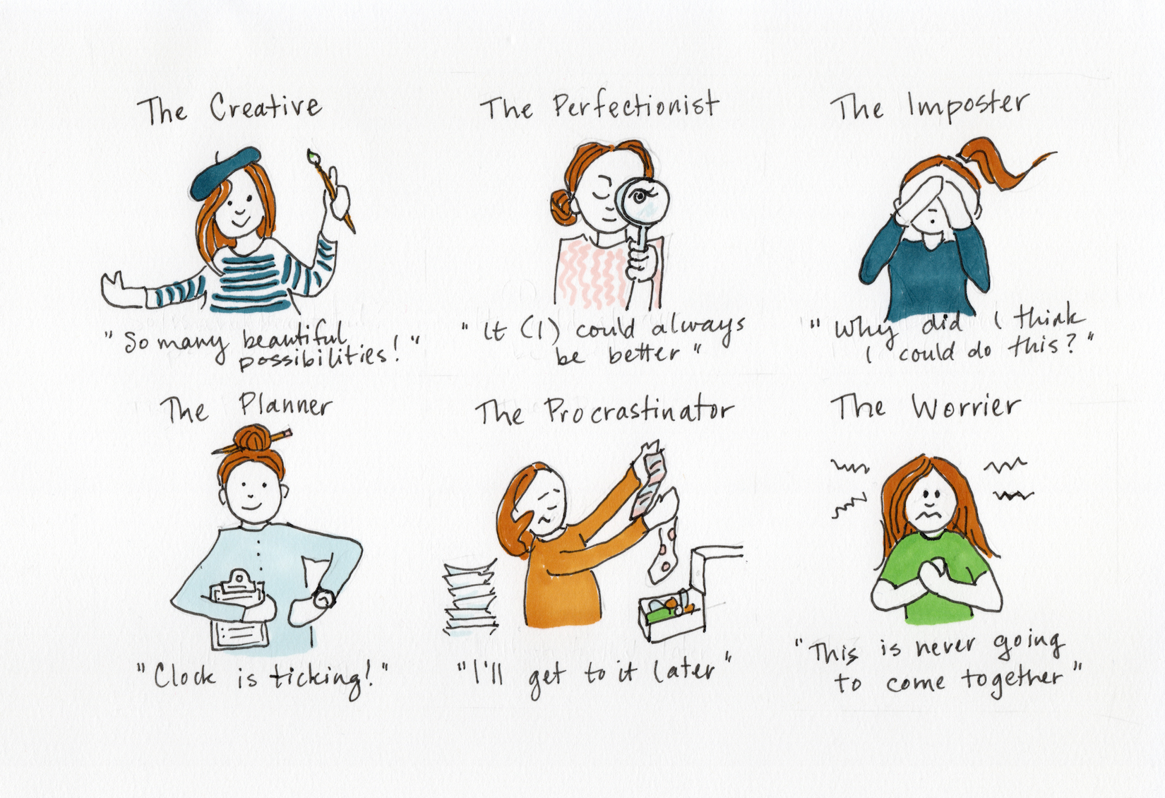 Hand drawn image of six human characters, each representing different parts of someone's self - The Creative captioned 'So many beautiful possibilities!' The Perfectionist who says 'It (I) could always be better' The imposter who says 'Why did I think I could do this?' The Planner who says 'Clock is ticking!' The Procrastinator whose tag line is 'I'll get to it later' and The Worrier who believes 'This is never going to come together'.